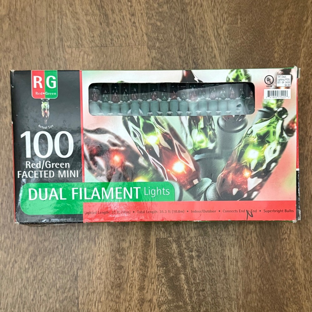 Red Green 100 Red Green Faceted Mini Dual Filament Christmas Lights 33ft NEW